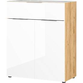 Kommode, mit 1 Schublade und 2 Türen, Glasfront- und auflage, B 830 x T 420 x H 1020 mm, Navarra-Eiche/Weiß