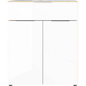 Kommode, mit 1 Schublade und 2 Türen, Glasfront- und auflage, B 830 x T 420 x H 1020 mm, Navarra-Eiche/Weiß