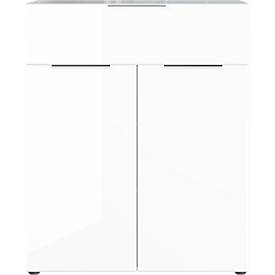 Kommode, mit 1 Schublade und 2 Türen, Glasfront- und auflage, B 830 x T 420 x H 1020 mm, weiß