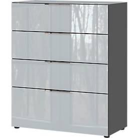 Kommode, mit 4 Schubladen, Glasfront- und auflage, B 830 x T 420 x H 1020 mm, graphit/silbergrau
