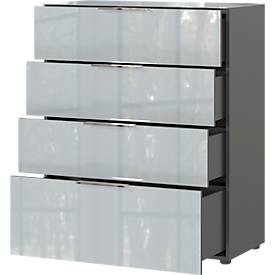 Kommode, mit 4 Schubladen, Glasfront- und auflage, B 830 x T 420 x H 1020 mm, graphit/silbergrau