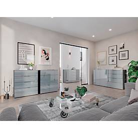 Kommode, mit 4 Schubladen, Glasfront- und auflage, B 830 x T 420 x H 1020 mm, graphit/silbergrau