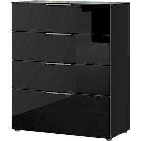 Kommode, mit 4 Schubladen, Glasfront- und auflage, B 830 x T 420 x H 1020 mm, schwarz