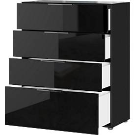 Kommode, mit 4 Schubladen, Glasfront- und auflage, B 830 x T 420 x H 1020 mm, schwarz