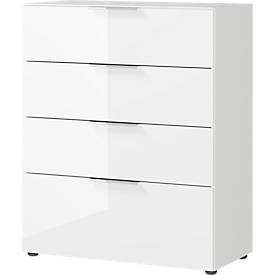 Kommode, mit 4 Schubladen, Glasfront- und auflage, B 830 x T 420 x H 1020 mm, weiß