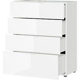 Kommode, mit 4 Schubladen, Glasfront- und auflage, B 830 x T 420 x H 1020 mm, weiß
