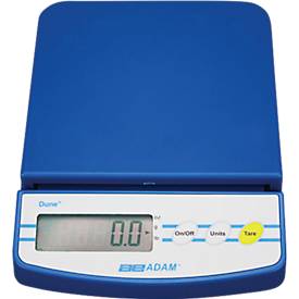 Kompaktwaage Adam DCT 601, Präzisionswaage Wägebereich 01 g-0,6 kg, LC-Display, Netzanschluss/Batterie, B 147 x T 208 x H 150 mm, Kunststoff, weiß-blau