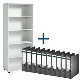 Komplettangebot Regal, 5 OH, B 800 x T 400 x H 1877 mm, Holz, lichtgrau + gratis 10 x LEITZ® Ordner 1007/1008, A4, Rückenbreite 80 mm, schwarz