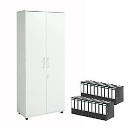 Komplettangebot Schrank, 5 OH, abschließbar, B 800 x T 400 x H 1877 mm, Holz, lichtgrau + gratis 20 x Schäfer Shop Select Ordner, A4, Rückenbreite 80 mm