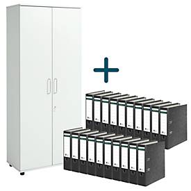 Komplettangebot Schrank, 5 OH, abschließbar, B 800 x T 400 x H 1877 mm, Holz, lichtgrau + gratis 20 x Schäfer Shop Select Ordner, A4, Rückenbreite 80 mm