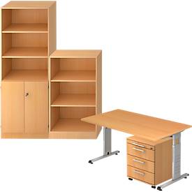 Komplettangebot Schreibtisch/Container/Regalschrank/Regal ULM, Buche-Dekor