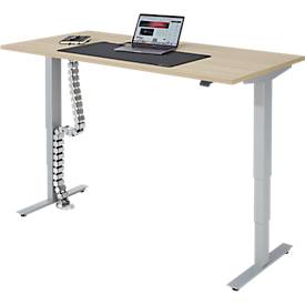 Komplettangebot Schreibtisch, elektrisch höhenverstellbar, T-Fuß, B 1600 x T 800 x H 605-1265 mm, Eiche-Dekor/silber + Kabelführung und Schreibunterlage