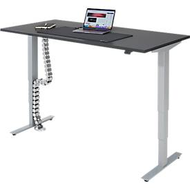 Komplettangebot Schreibtisch, elektrisch höhenverstellbar, T-Fuß, B 1600 x T 800 x H 605-1265 mm, graphit/silber + Kabelführung und Schreibunterlage
