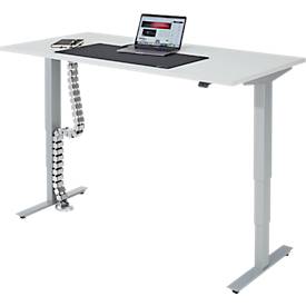 Komplettangebot Schreibtisch, elektrisch höhenverstellbar, T-Fuß, B 1600 x T 800 x H 605-1265 mm, lichtgrau/silber+ Kabelführung und Schreibunterlage