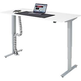 Komplettangebot Schreibtisch, elektrisch höhenverstellbar, T-Fuß, B 1600 x T 800 x H 605-1265 mm, weiß/silber + Kabelführung und Schreibunterlage