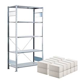 Komplettangebot Steckregal MULTIplus150 Express, 5 Fachböden, Tragkraft 150 kg/Boden + gratis 3200 x Schäfer Shop Pure Falthandtücher, 2-lagig, weiß