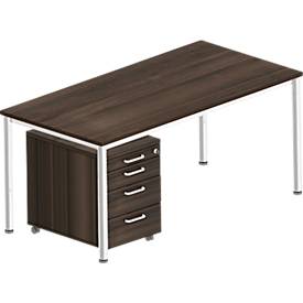 Komplettset BEXXSTAR, Schreibtisch 1600 mm breit Rollcontainer, Rundrohrfuß