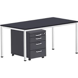 Komplettset BEXXSTAR, Schreibtisch 1600 mm breit Rollcontainer, Rundrohrfuß
