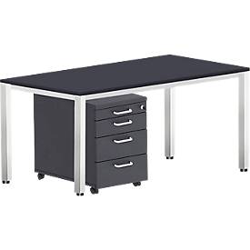 Komplettset BEXXSTAR, Schreibtisch 1600 mm breit und Rollcontainer, Quadratrohrfuß, schwarz