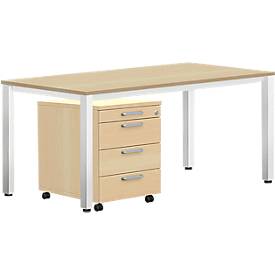 Komplettset BEXXSTAR, Schreibtisch 1600 mm breit und Rollcontainer, Quadratrohrfuß