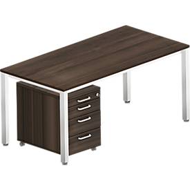 Komplettset BEXXSTAR, Schreibtisch 1600 mm breit und Rollcontainer, Quadratrohrfuß