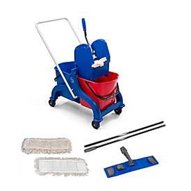 Komplettset Doppelfahreimer, 2 x 15 L Eimer, Presse, 2-teiliger Chromstiel + 10 Mopps