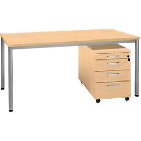 Komplettset NEVADA, Schreibtisch B 1600 mm, Rundrohrfuß + Rollcontainer 4 Schübe