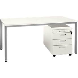 Komplettset NEVADA, Schreibtisch B 1600 mm, Rundrohrfuß + Rollcontainer 4 Schübe