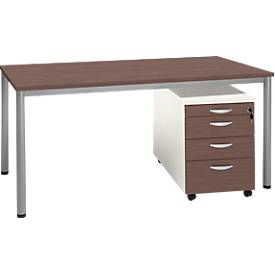 Komplettset NEVADA, Schreibtisch B 1600 mm, Rundrohrfuß + Rollcontainer 4 Schübe