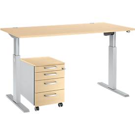 Komplettset Schreibtisch und Rollcontainer ERGO-T, einstufig höhenverstellbar, Tisch B 1600 mm