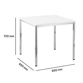 Konferenztisch, bis 4 Personen, Quadrat, 4-Fuß Quadratrohr, B 800 x T 800 x H 720 mm, weiß/chromsilber
