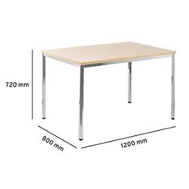 Konferenztisch, bis 4 Personen, Rechteck, 4-Fuß Quadratrohr, B 1200 x T 800 x H 720 mm, Ahorn/chromsilber