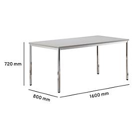 Konferenztisch, bis 6 Personen, Rechteck, 4-Fuß Quadratrohr, B 1600 x T 800 x H 720 mm, lichtgrau/chromsilber