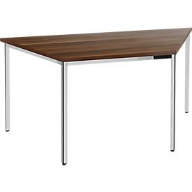 Konferenztisch, bis 6 Personen, Trapez, 4-Fuß Quadratrohr, B 1600 x T 800 x H 720 mm, Nussbaum/chromsilber