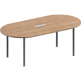 Konferenztisch MODENA FLEX, höhenverstellbar, 3-fach Anschlussfeld, Oval-Form, 4-Fuß-Rundrohr, 2000 x 1000 mm, Kirsche Romana-Dekor
