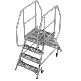 KRAUSE Podestleiter 2x4 Stufen, fahrbar, R13 Profilrost, beidseitig, Plattform 600x720 mm, Geländer 1,00 m