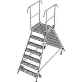 KRAUSE Podestleiter 2x7 Stufen, fahrbar, R13 Profilrost, beidseitig, Plattform 600x720 mm, Geländer 1,00 m