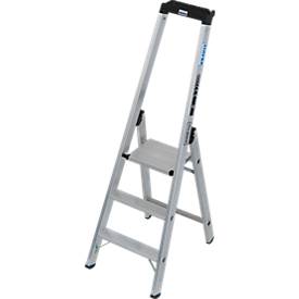 KRAUSE STABILO Stehleiter 3 Stufen, 225 kg, rutschhemmende Alu-Plattform, 80 mm D-Stufen, Sicherheitsbügel, Werkzeugablage