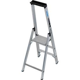 KRAUSE STABILO Stehleiter 3 Stufen, 225 kg, rutschhemmende Alu-Plattform, 80 mm D-Stufen, Sicherheitsbügel, Werkzeugablage