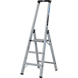 KRAUSE STABILO Stehleiter 3 Stufen, 225 kg, rutschhemmende Alu-Plattform, 80 mm D-Stufen, Sicherheitsbügel, Werkzeugablage