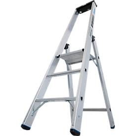 KRAUSE STABILO Stehleiter 3 Stufen, 225 kg, rutschhemmende Alu-Plattform, 80 mm D-Stufen, Sicherheitsbügel, Werkzeugablage