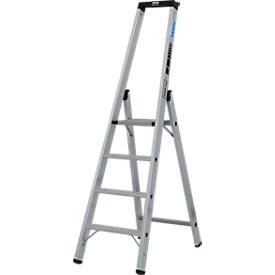 KRAUSE STABILO Stehleiter 4 Stufen, 225 kg, rutschhemmende Alu-Plattform, 80 mm D-Stufen, Sicherheitsbügel, Werkzeugablage