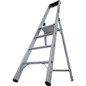 KRAUSE STABILO Stehleiter 4 Stufen, 225 kg, rutschhemmende Alu-Plattform, 80 mm D-Stufen, Sicherheitsbügel, Werkzeugablage