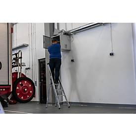 KRAUSE STABILO Stehleiter 4 Stufen, 225 kg, rutschhemmende Alu-Plattform, 80 mm D-Stufen, Sicherheitsbügel, Werkzeugablage