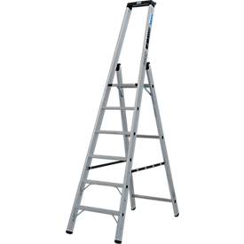 KRAUSE STABILO Stehleiter 6 Stufen, 225 kg, rutschhemmende Alu-Plattform, 80 mm D-Stufen, Sicherheitsbügel, Werkzeugablage