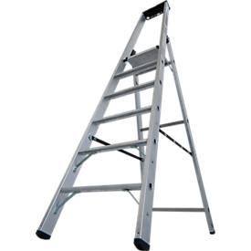 KRAUSE STABILO Stehleiter 6 Stufen, 225 kg, rutschhemmende Alu-Plattform, 80 mm D-Stufen, Sicherheitsbügel, Werkzeugablage