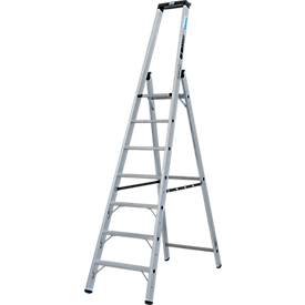 KRAUSE STABILO Stehleiter 7 Stufen, 225 kg, rutschhemmende Alu-Plattform, 80 mm D-Stufen, Sicherheitsbügel, Werkzeugablage