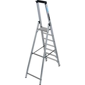 KRAUSE STABILO Stehleiter 7 Stufen, 225 kg, rutschhemmende Alu-Plattform, 80 mm D-Stufen, Sicherheitsbügel, Werkzeugablage