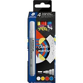 Kreidemarker STAEDTLER Lumocolor®, Rundspitze, Strichbreite 2,4 mm, für glatte Oberflächen, Flüssigkeit auf Wasserbasis, 4er-Set farbsortiert