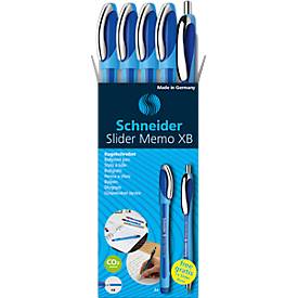 Kugelschreiber Etui Schneider, 4 x Slider Memo XB Schreibfarbe blau + 1 x Slider Rave XB Schreibfarbe blau, dokumentenecht, ViscoGlide®-Technologie
